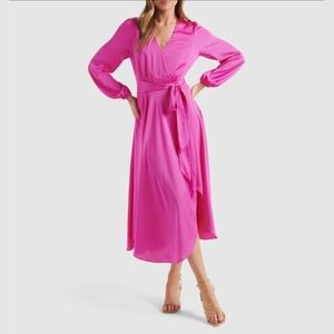 Ever New Marilyn Satin Wrap Midi Dress Pink Fuchsia NO BELT